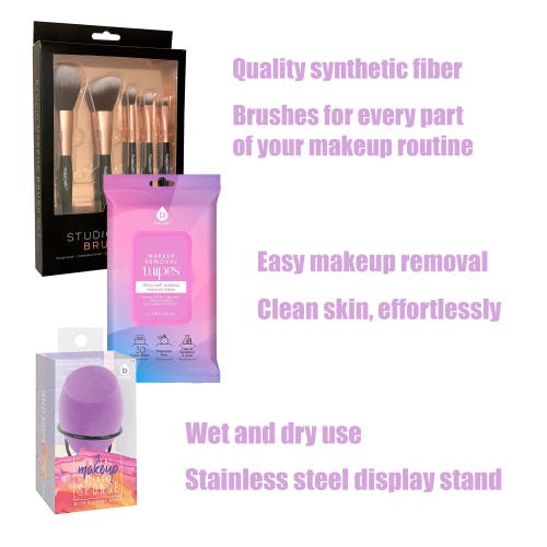 Pursonic Makeup Essentials Bundle Brushes Wipes & Blender Sponge In Multicolor
