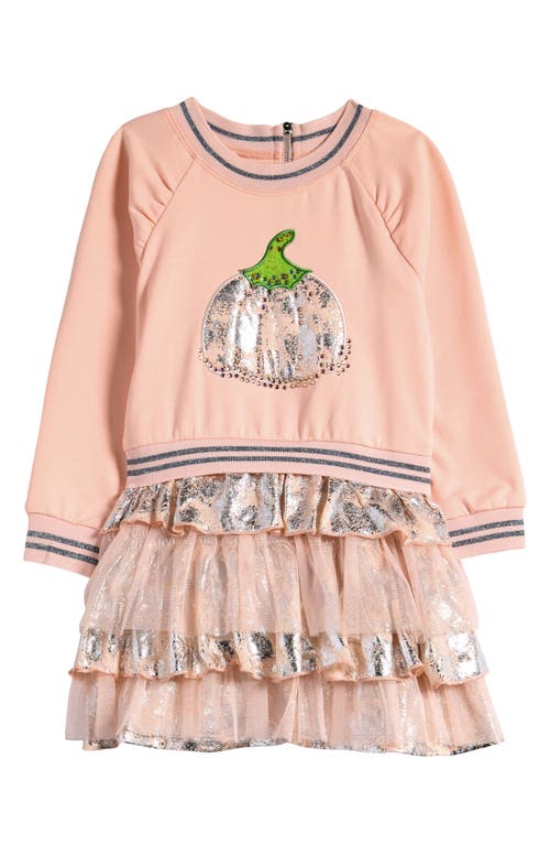 Truly Me Kids' Pumpkin Long Sleeve Tiered Graphic Dress in Blush Multi 