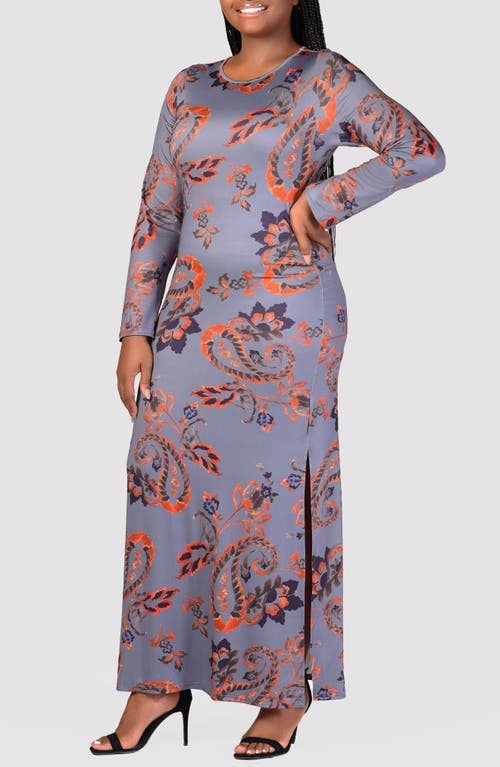 Shop 24seven Comfort Apparel Paisley Print Long Sleeve Maxi Dress In Orange Multi