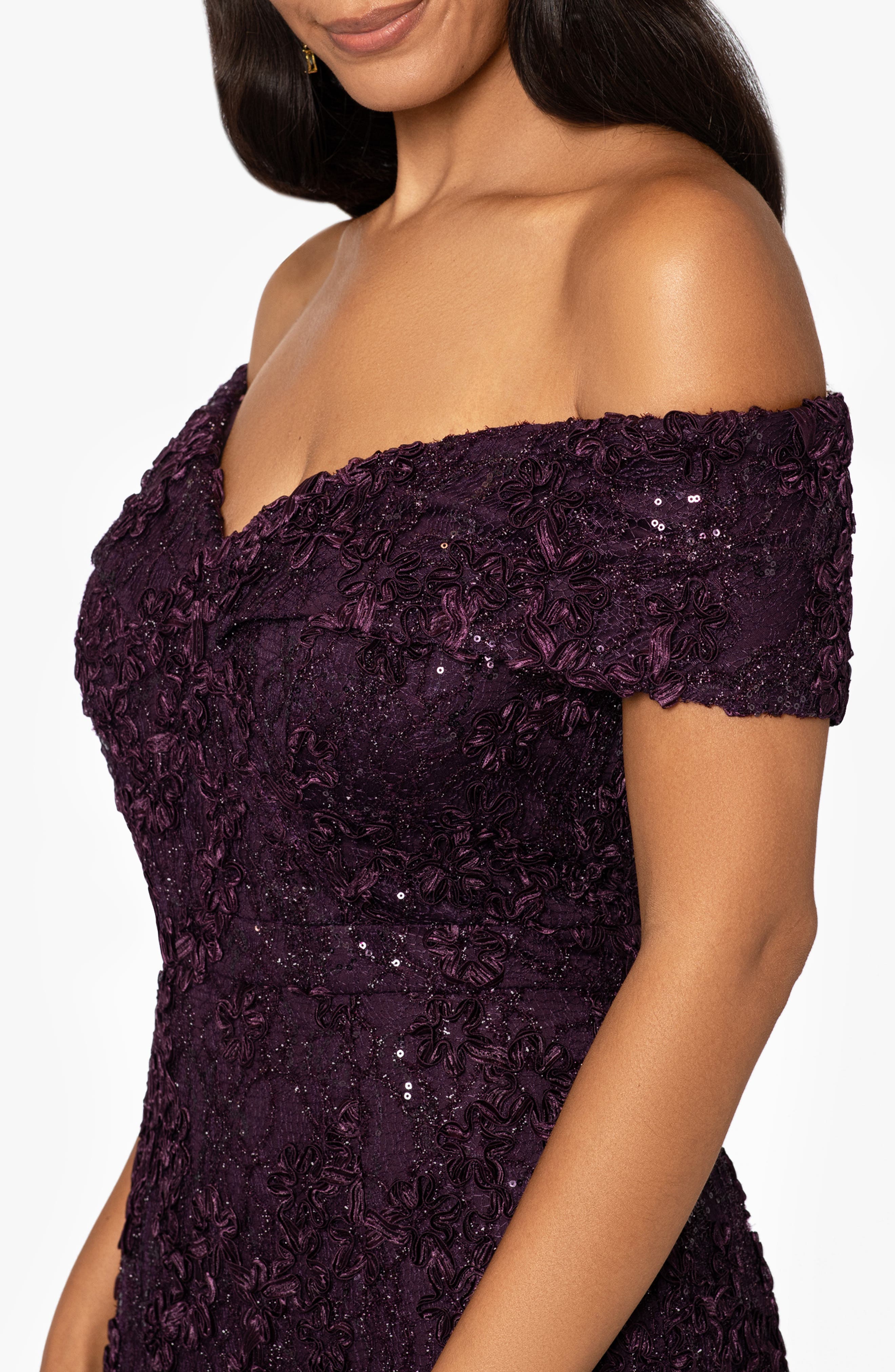 Xscape Off the Shoulder Embroidered Gown in Mulberry | Smart Closet