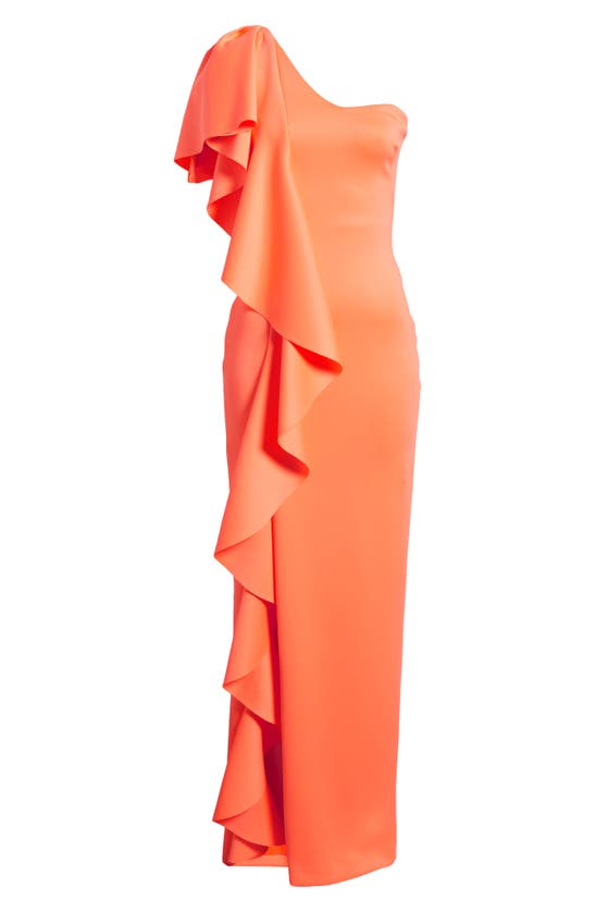 Shop Black Halo Percy Ruffle One-shoulder Gown In Neon Apricot