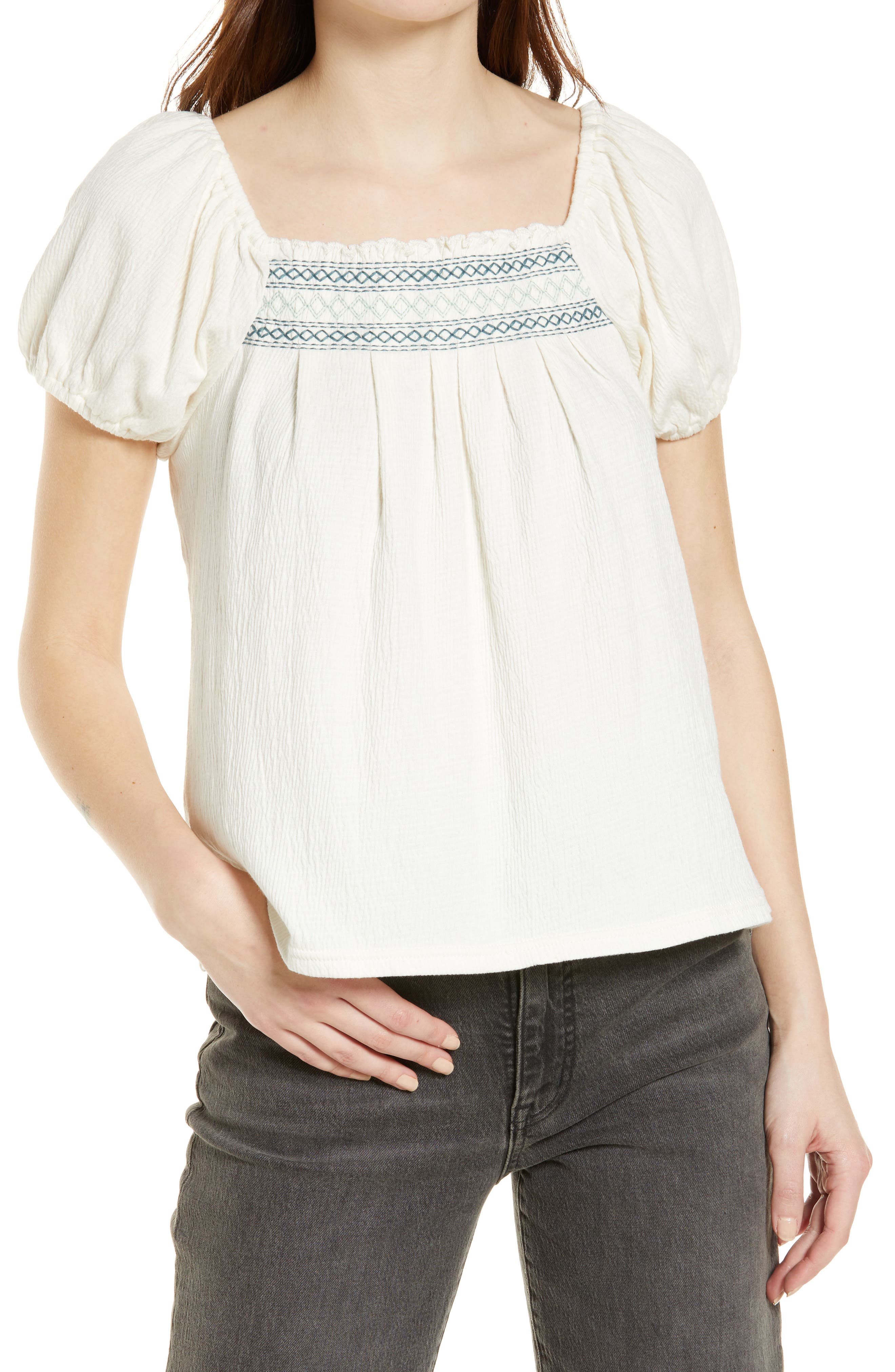Lucky Brand Solid Knit V-Neck Long Sleeve Lace Inset Peasant Top