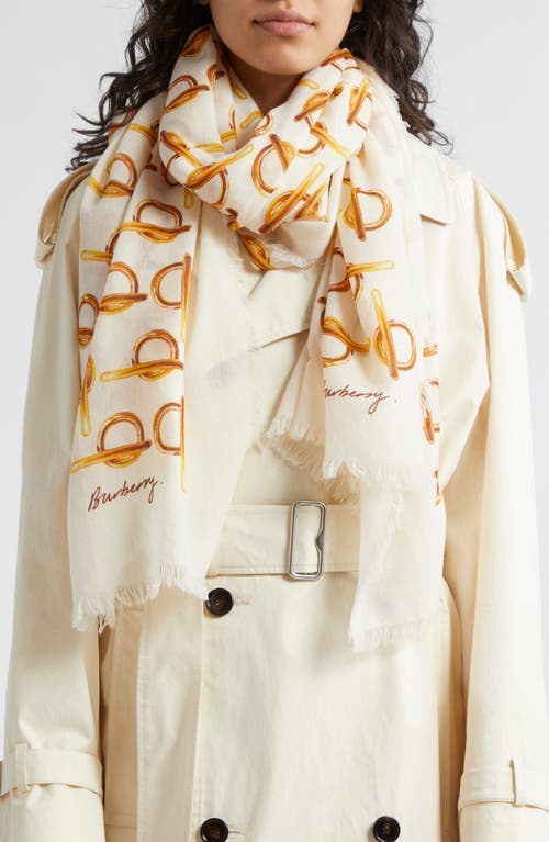 Shop Burberry B Closure Pattern Wool Scarf In Gold/ivory