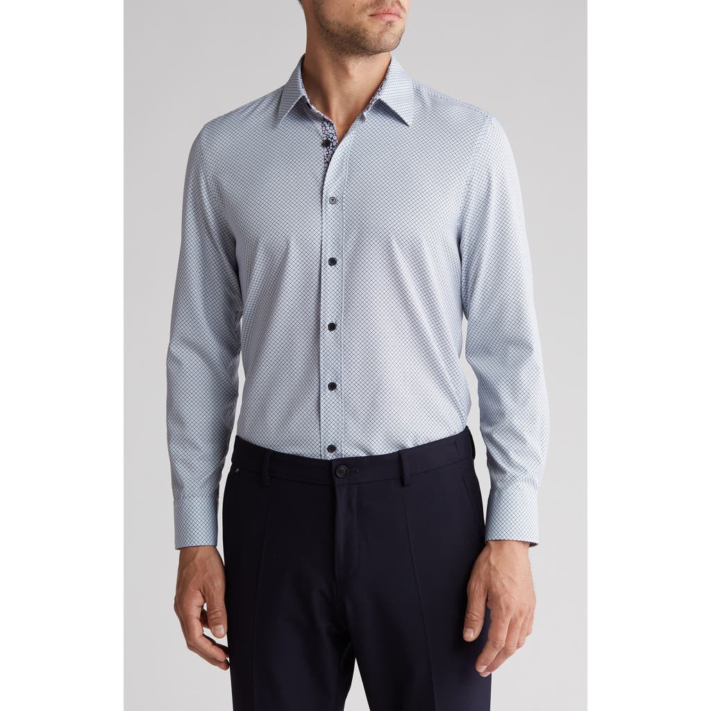 Shop Construct Slim Fit Abstract Square Four-way Stretch Performance Button Up Shirt In White/blue
