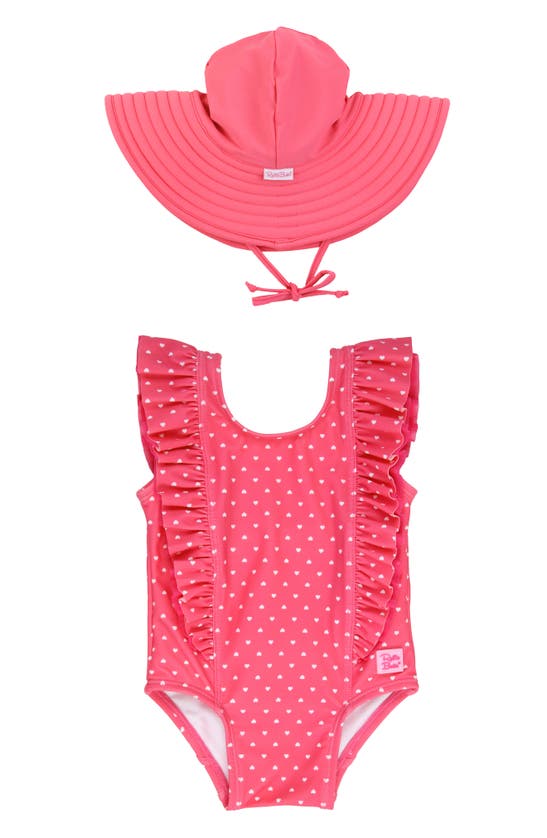 Shop Rufflebutts Ruffle Waterfall One-piece Swimsuit & Hat Set In Hot Pink