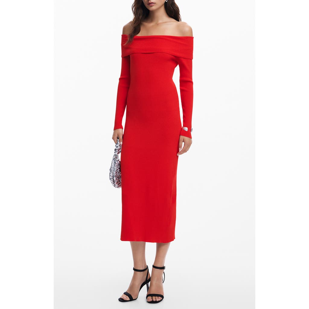 Desigual Off-shoulder Ribbed Midi Dress In Red