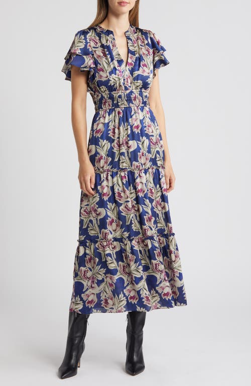 Shop Julia Jordan Orchid Print Flutter Sleeve Satin Dress In Blue Multi