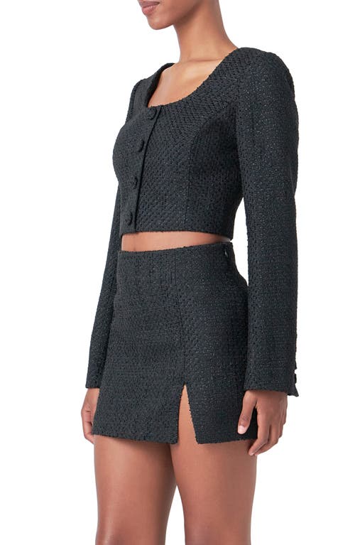 Endless Rose Long Sleeve Tweed Crop Top In Black