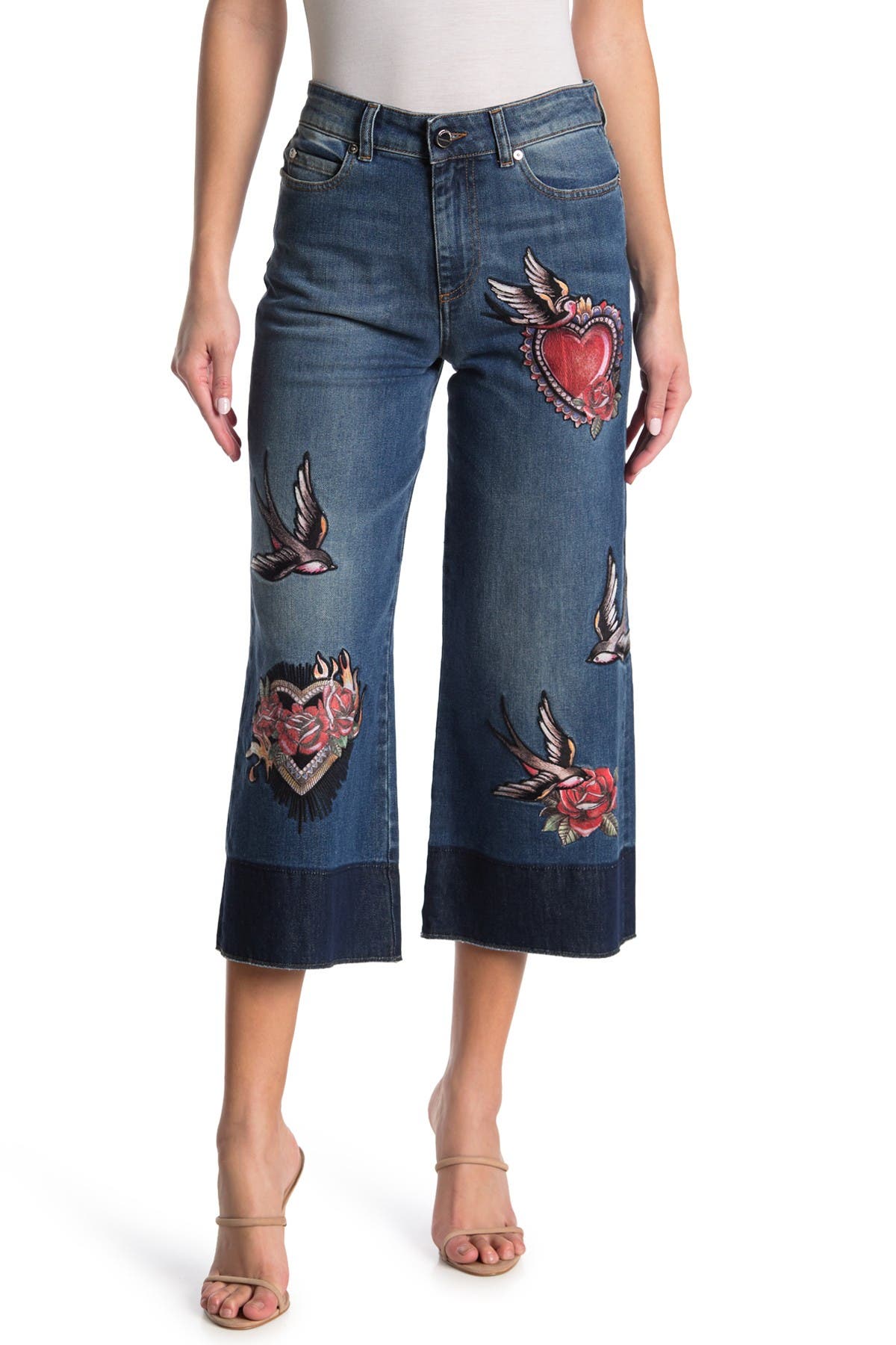 Red Valentino Swallow Embroidered Flared Crop Jeans In Medium Blue Denim 558