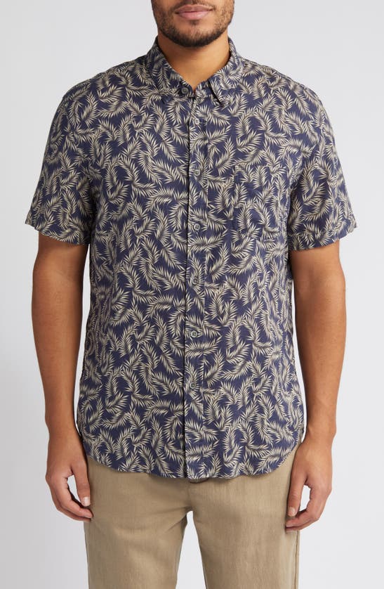 Shop Rails Carson Palm Print Short Sleeve Linen Blend Button-up Shirt In Palm Americano Navy