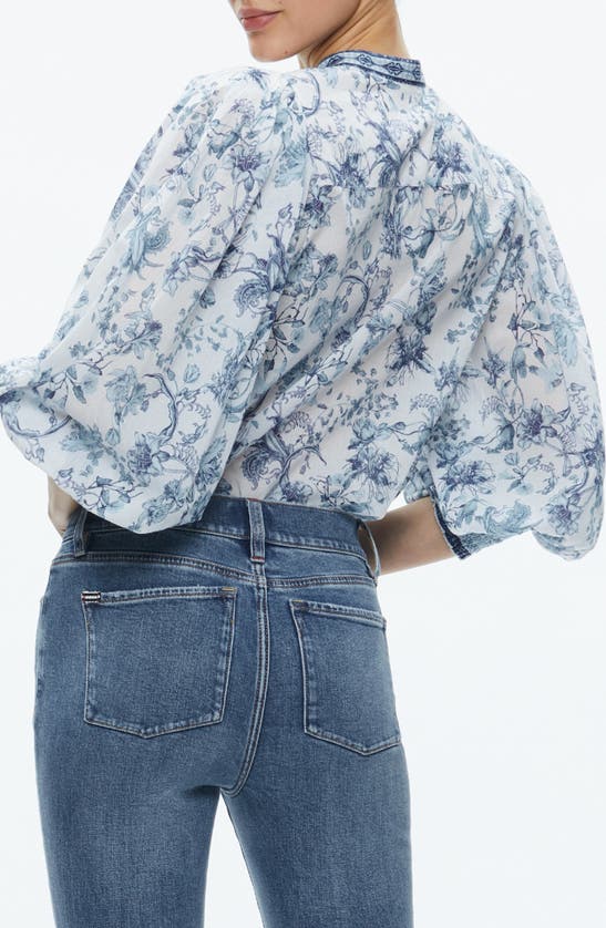Shop Alice And Olivia April Floral Blouson Sleeve Cotton Top In Spring Sky