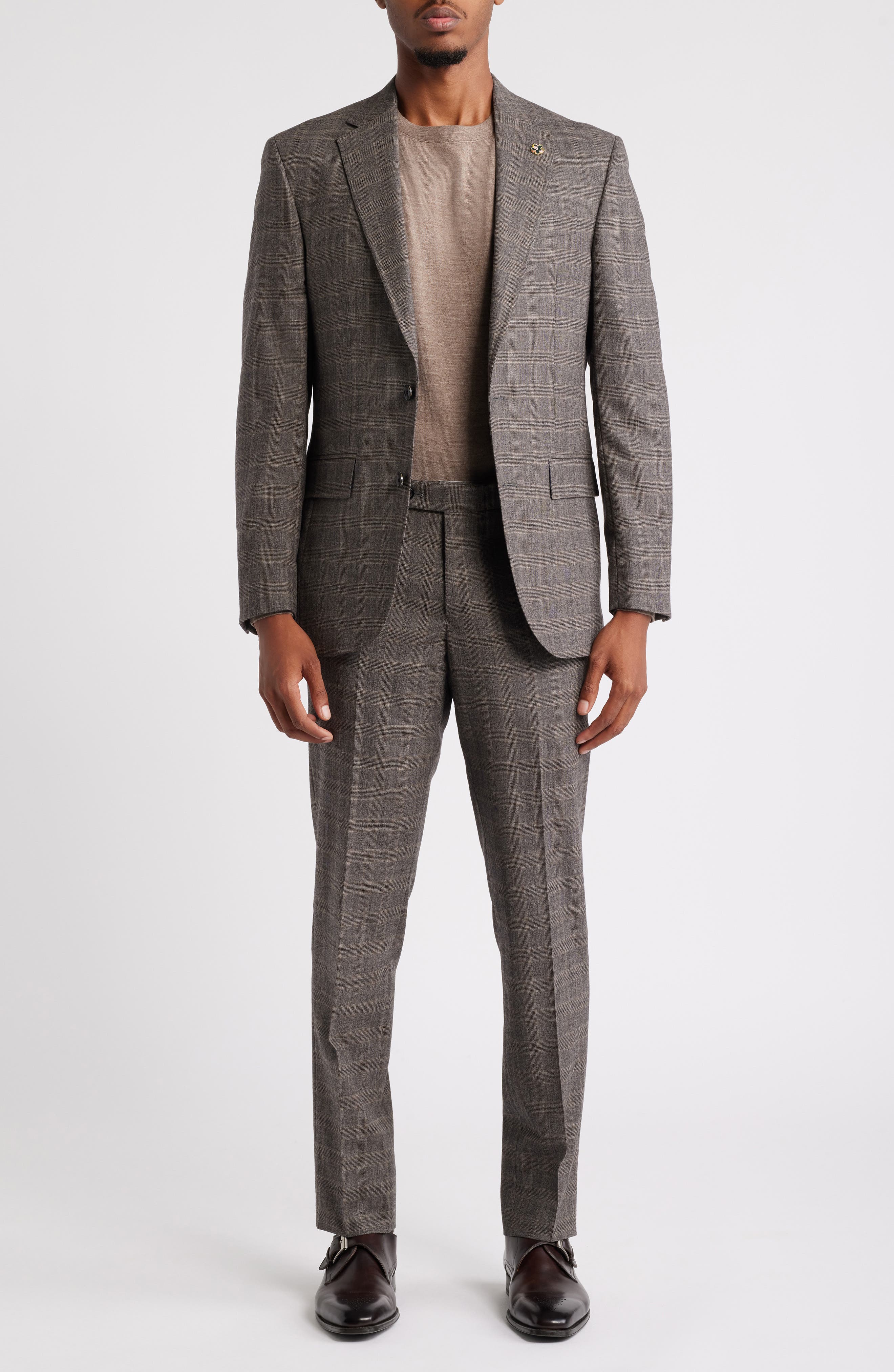 Ted Baker London Jay Slim Fit Brown Glen Plaid Stretch Wool Suit 