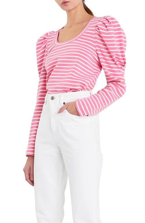 Shop English Factory Stripe Puff Sleeve Knit Top In Pink/white