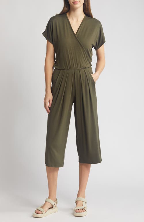 Short Sleeve Wrap Front Crop Jumpsuit in Olive