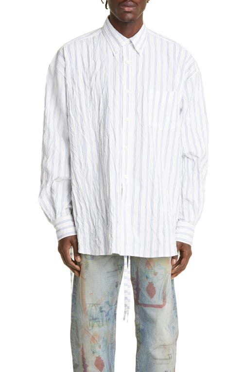 John Elliott Oversize Crinkled Stripe Tie Front Button-Down Shirt in White X Blue