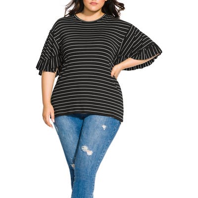 Plus Size City Chic Bliss Stripe Ruffle Sleeve Tee, Black