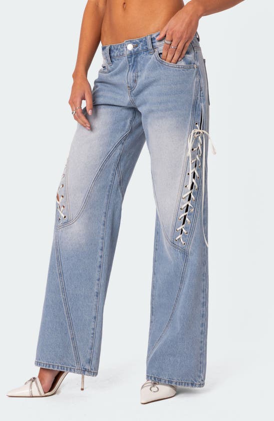 Shop Edikted Lace-up Low Rise Wide Leg Jeans In Light-blue