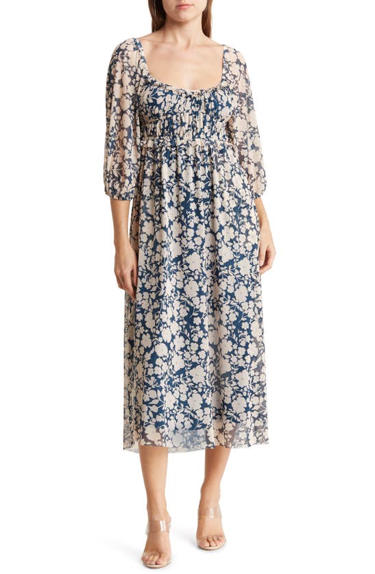 Maisie Floral Long Sleeve Mesh Midi Dress In Blue/ White | ModeSens