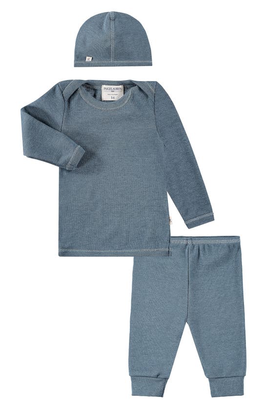Paigelauren Babies' Rib Sweatshirt, Joggers & Beanie Set In Blue