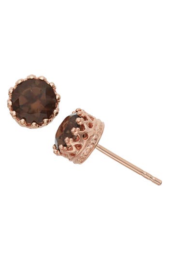 Fzn 14k Rose Gold Plate Sterling Silver Crown Frame Stone Stud Earrings In Smoky
