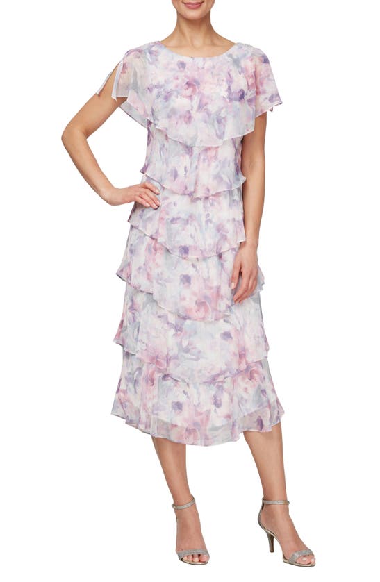 Shop Sl Fashions Floral Metallic Layered Ruffle Dress In Mauve Multi