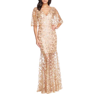 Dress The Population Lourdes Sequin Lace Cape Sleeve Gown, Metallic