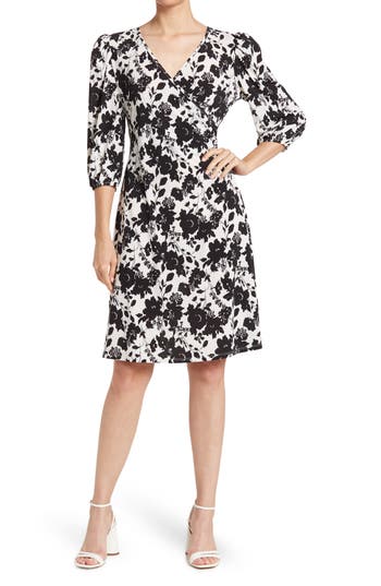 Love By Design Amelia Ruched Wrap Dress In Black/white Floral