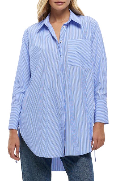 Pinstripe Oversize Side Tie Button-Up Shirt in Blue