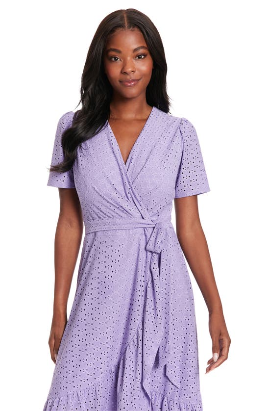 LONDON TIMES LONDON TIMES STRETCH EYELET SHORT SLEEVE RUFFLE WRAP DRESS