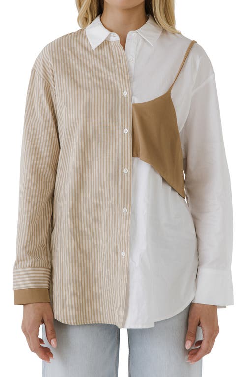 Grey Lab Deconstructed Cotton Button-Up Blouse in White/Khaki