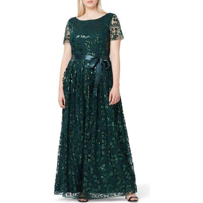 Plus Size Tahari Embellished Lace Gown, Green