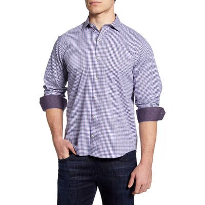 Bugatchi Shaped Fit Check Button-Up Performance Shirt, Purple