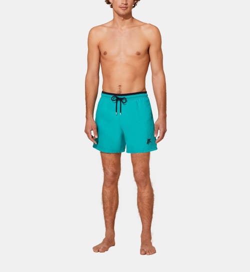 Vilebrequin Solid Bicolor Length Swim Trunks In Vert Tropezien