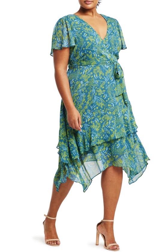 Shop Estelle Beverly Floral Wrap Front Handkerchief Hem Dress In Print
