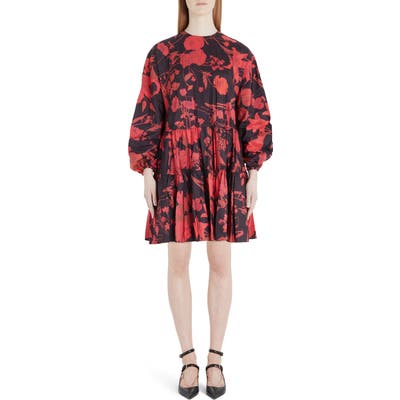 Valentino Floral Print Long Sleeve Tiered Faille Minidress, US / 44 IT - Black