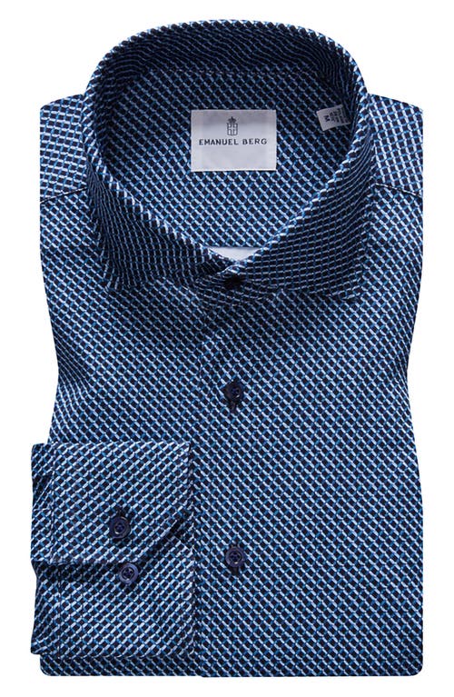 4Flex Modern Fit Geometric Print Knit Button-Up Shirt in Dark Blue