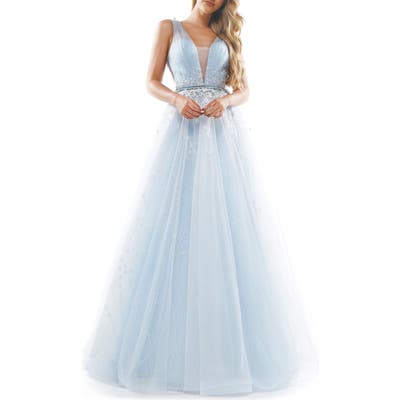 Colors Dress Embellished Mesh V-Neck Ballgown, 8 (similar to 16W) - Blue