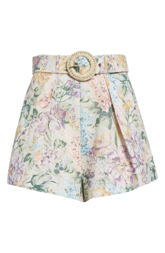 Shop Zimmermann Halliday Floral Belted Linen Shorts In Multi Watercolour Floral