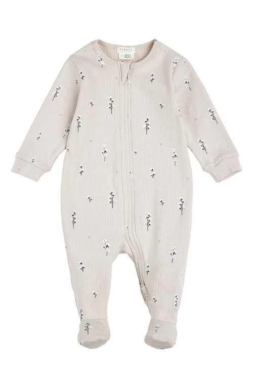 Firsts By Petit Lem Floral Cotton Rib Footed One-piece Pajamas In Beige