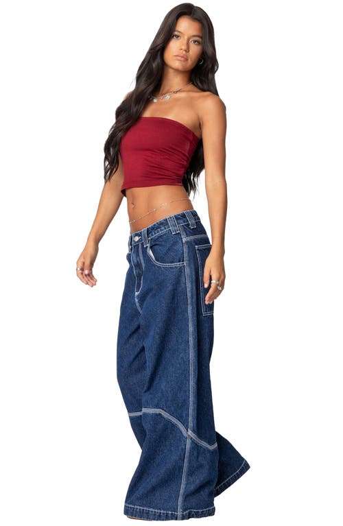 Shop Edikted Low Rise Super Wide Leg Jeans In Dark-blue