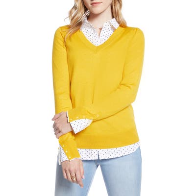 1901 V-Neck Merino Wool Blend Sweater, Yellow