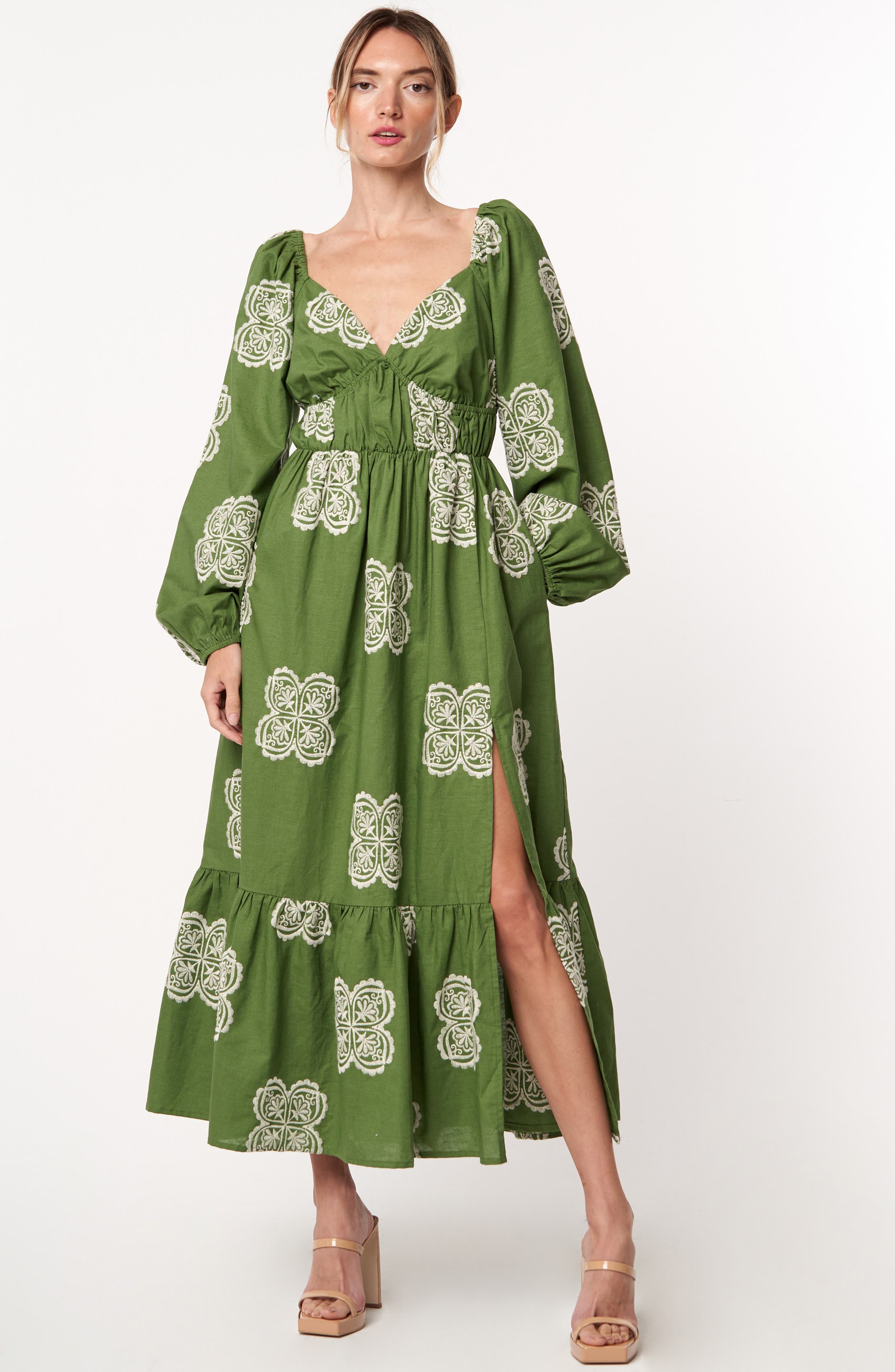 CIEBON Serbita Medallion Embroidery Long Sleeve Cotton & Linen Midi Dress in Green | Smart Closet CIEBON Serbita Medallion Embroidery Long Sleeve Cotton & Linen Midi Dress in Green | Smart Closet