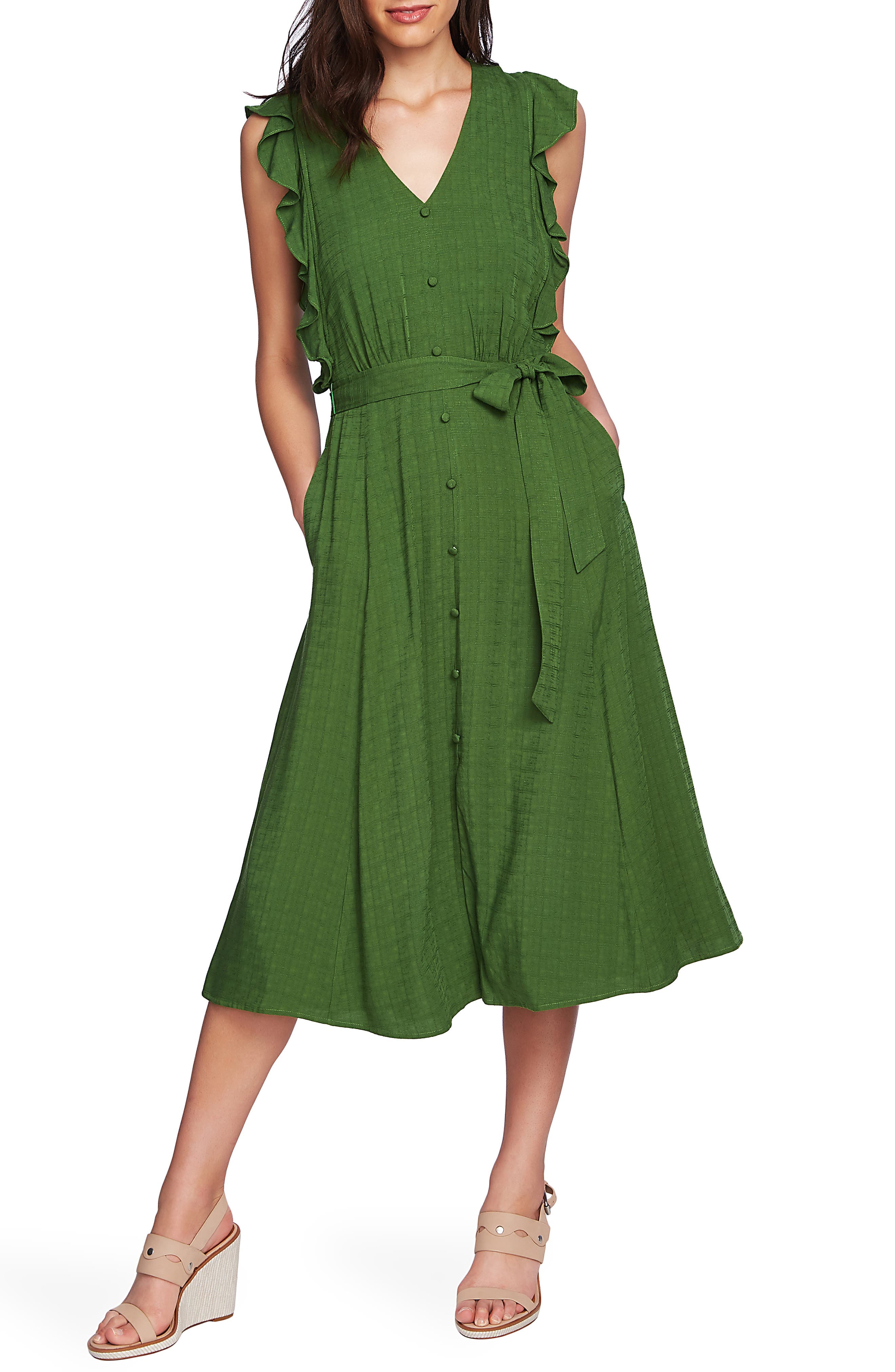 1.state Ruffle Tie Waist Midi Dress, Green