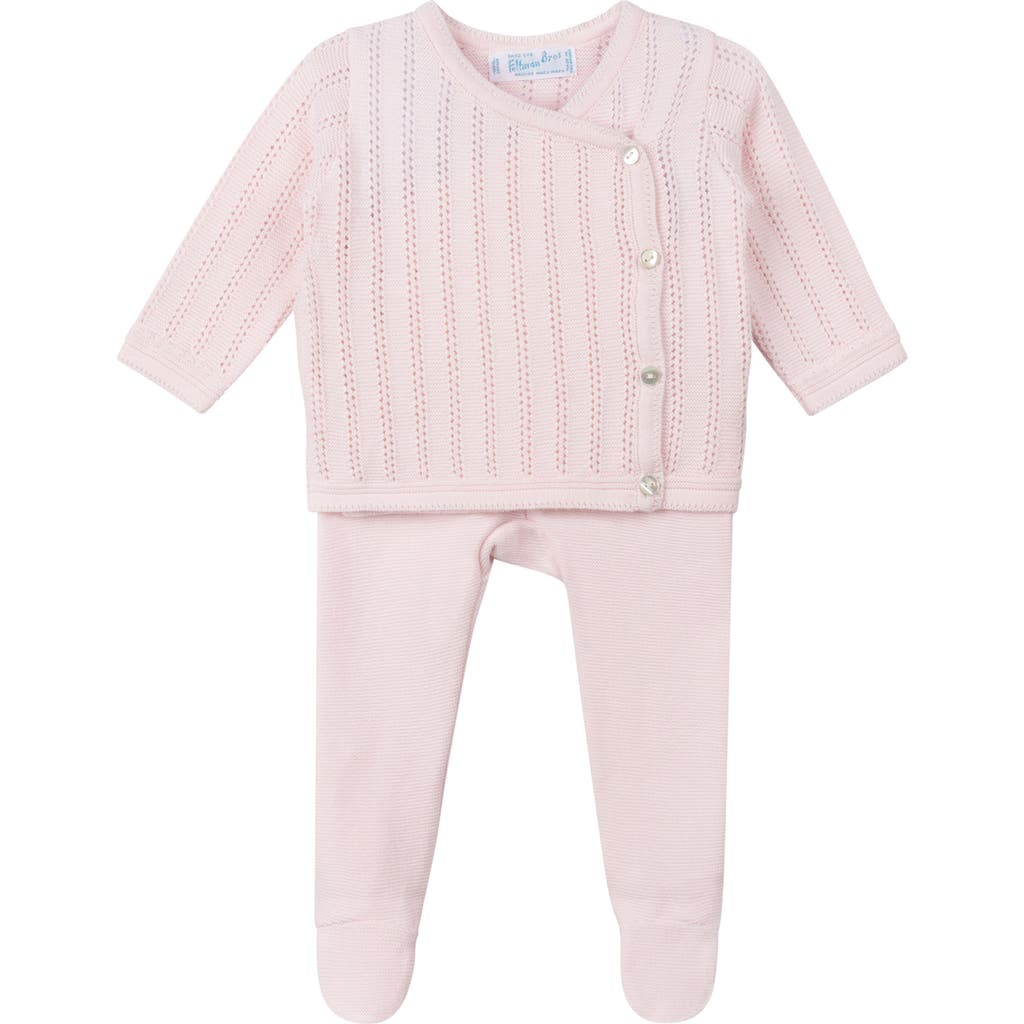 Feltman Brothers Pointelle Knit Sweater, Footed Pants & Bonnet Set In Pink