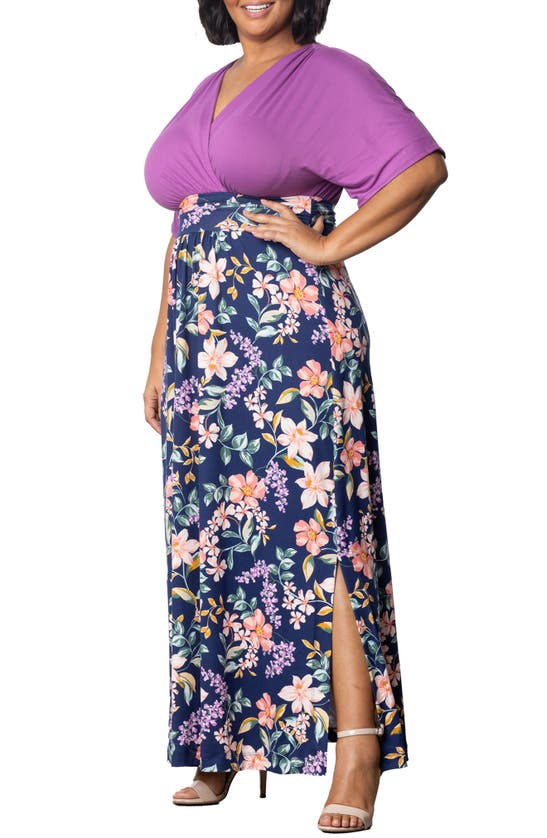 Shop Kiyonna Havana Mixed Media Floral Maxi Dress In Navy Blossom Print