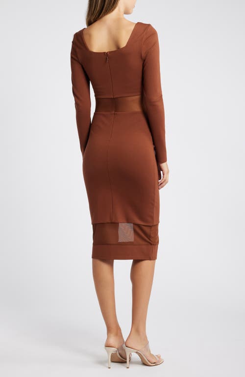 Shop Bebe Sheer Mesh Inset Long Sleeve Body-con Dress In Chocolate