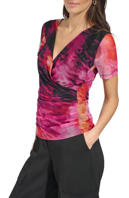 Shop Dkny Print Ruched Mesh Top In Shocking Pink Multi