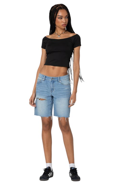 Shop Edikted Riptide Ripped Denim Bermuda Shorts In Blue-washed