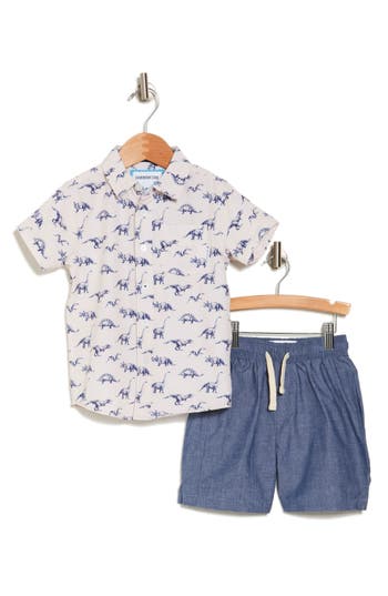 Shop Sovereign Code Kids' Woven Shirt & Pull-on Shorts Set In Oyster Grey/dino Farm/navy