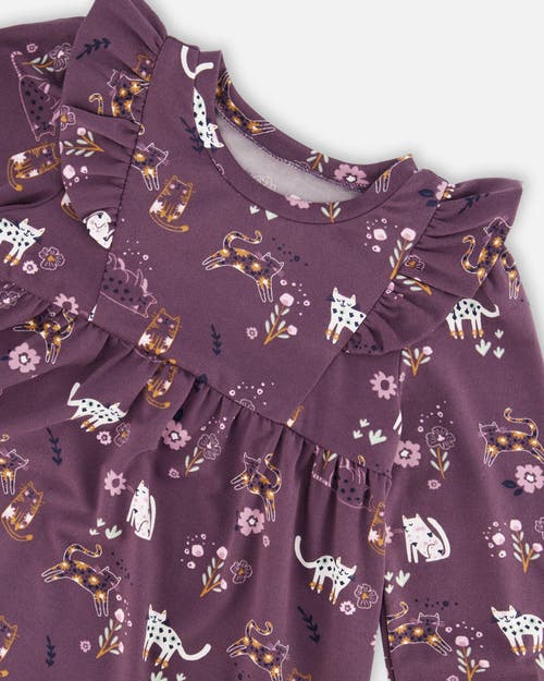 Shop Deux Par Deux Baby Girl's Dress With Frills Mauve Printed Cats